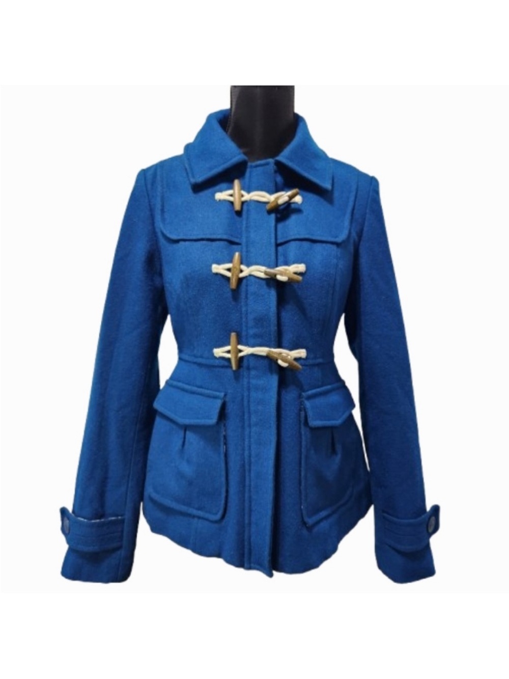 Anthropologie Royal Blue Wool Military Style Zip Toggle TULLE Jacket (M)